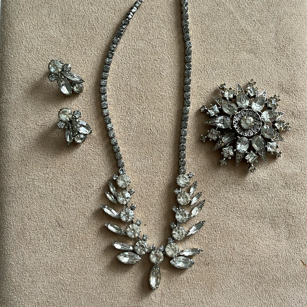 Vintage 1950’s Crystal Marquis Silver Necklace Clip Earrings and Brooch Set